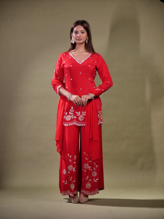 Beautiful Floral Work Suit With V Neck TT056