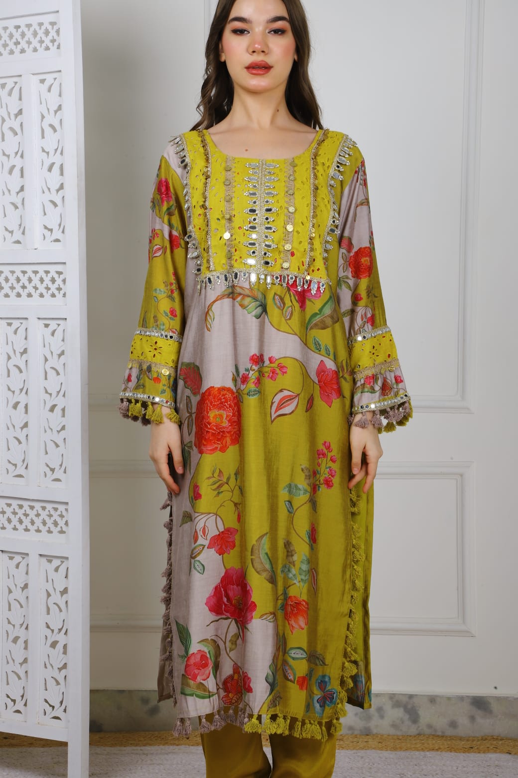 Elegant Floral Embroidered Dress with Yellow Accents TT043