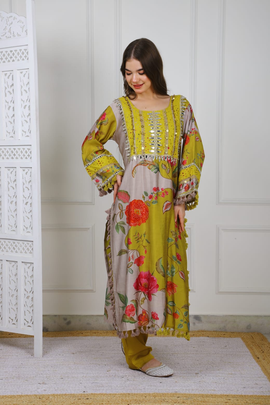 Elegant Floral Embroidered Dress with Yellow Accents TT043