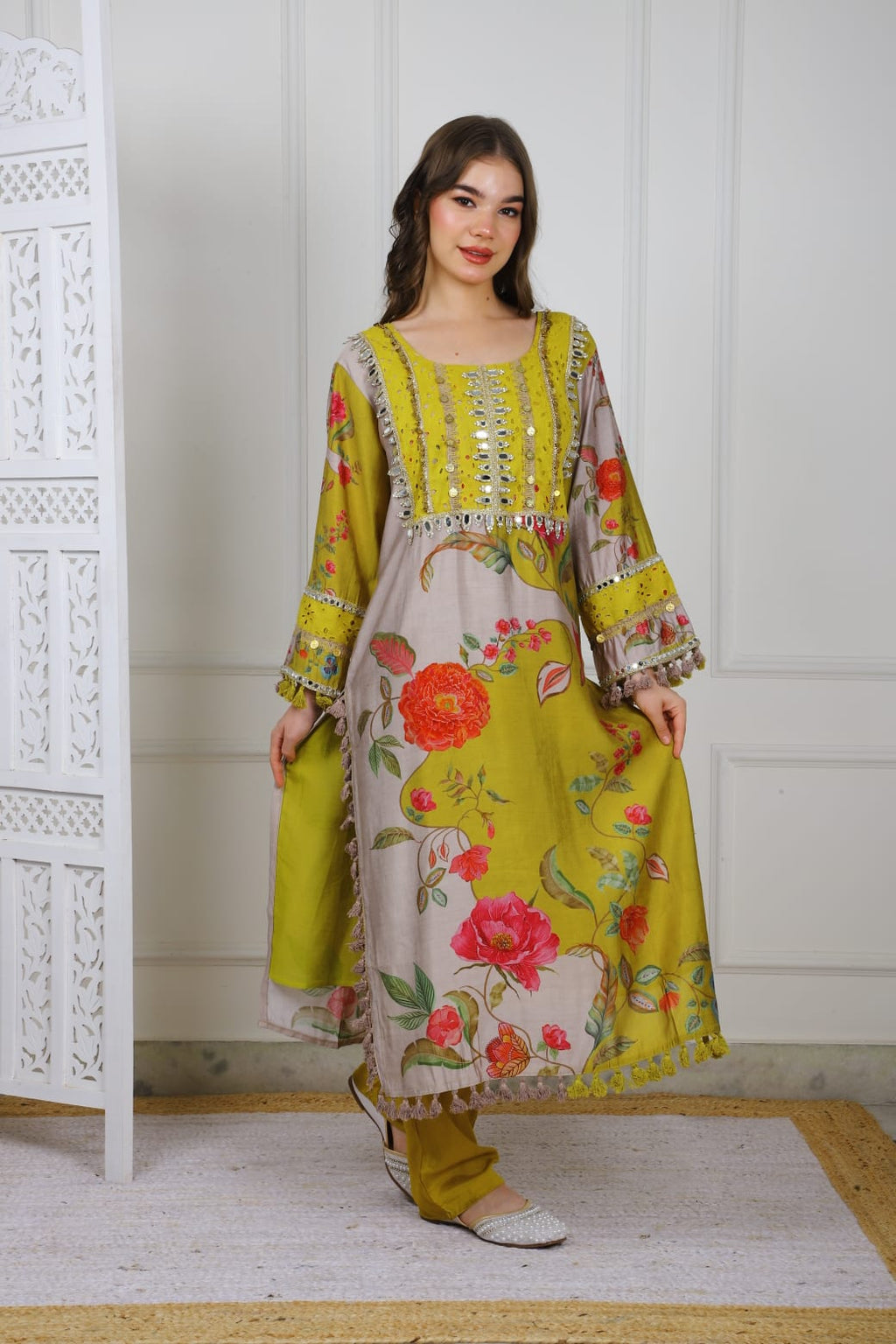 Elegant Floral Embroidered Dress with Yellow Accents TT043